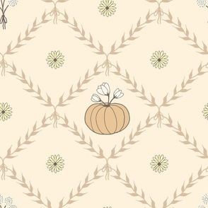 (M) Rustic Cottagecore Halloween Pumpkin and Dandelions in Pastel Wheat Tan