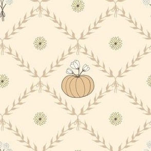 (S) Rustic Cottagecore Halloween Pumpkin and Dandelions in Pastel Wheat Tan