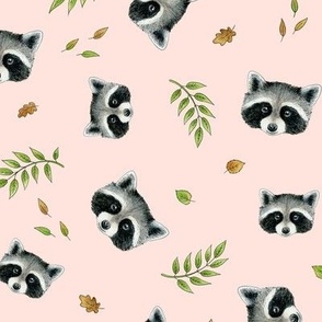 Racoon faces and leaves, non-directional, on light peach - medium scale