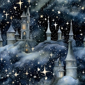 Watercolor Starry Sky Castles Clouds Stars Nursery Kids Fantasy Magical Art