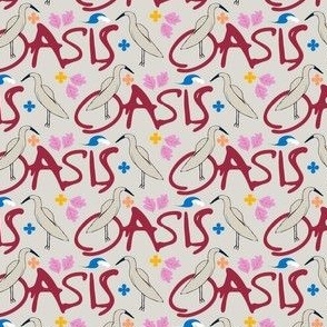 Oasis design with red lettering and cute bird