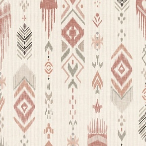 Vertical stripe bohemian ikat in peach and grey Large -  geometrical arrow over cream with linen texture - beige and pink boho girl room - baby nursery decor