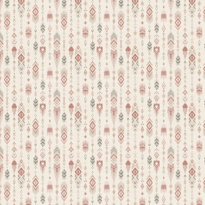 Vertical bohemian ikat in peach and grey small -  geometrical arrow over cream with linen texture - beige and pink boho girl room - baby nursery decor
