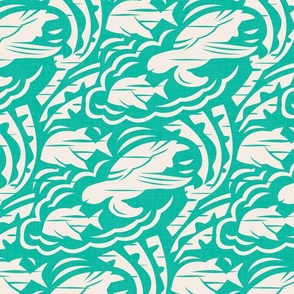 Hawaiian Block Print - Exotic Animals in Cream and Aqua Green / Large / Eva Matise