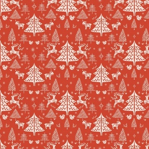 Nordic Christmas Woodland -Small Scale - Crimson Red