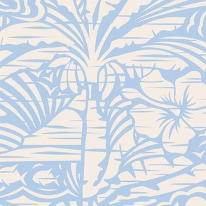 Hawaiian Block Print - Exotic Landscape in Cream and Whispy Blue / Large / Eva Matise