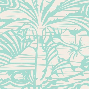 Hawaiian Block Print - Exotic Landscape in Cream and Yucca Green / Large / Eva Matise