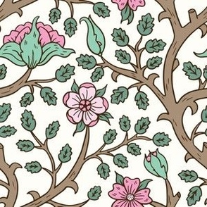(S) Cascading Medieval Floral with Pink Roses on White