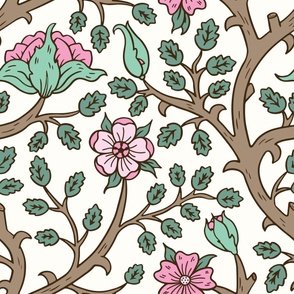 (L) Cascading Medieval Floral with Pink Roses on White