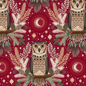 Festive Great Horned owl damask - Natural Christmas - warm neutrals and greens on cranberry red - large