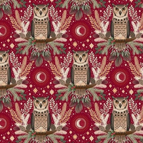 Festive Great Horned owl damask - Natural Christmas - warm neutrals and greens on cranberry red - medium