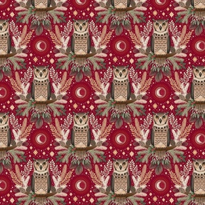 Festive Great Horned owl damask - Natural Christmas - warm neutrals and greens on cranberry red - small