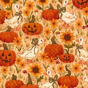 (Large) Geese in a Pumpkin Patch with Sunflowers | Vintage Cottagecore Halloween