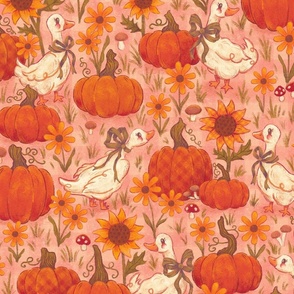 (Large) Geese in a Pumpkin Patch with Sunflowers | Dreamy Pink | Vintage Cottagecore Autumn