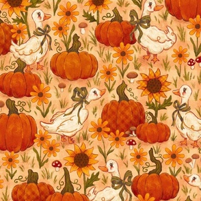 (Large) Geese in a Pumpkin Patch with Sunflowers | Vintage Cottagecore Autumn