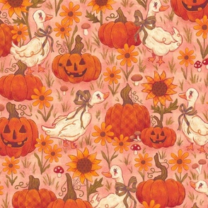 (Large) Geese in a Pumpkin Patch with Sunflowers | Dreamy Pink | Vintage Cottagecore Halloween 