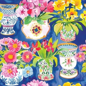 Flowers in chinoiserie jars on blue background watercolor painting