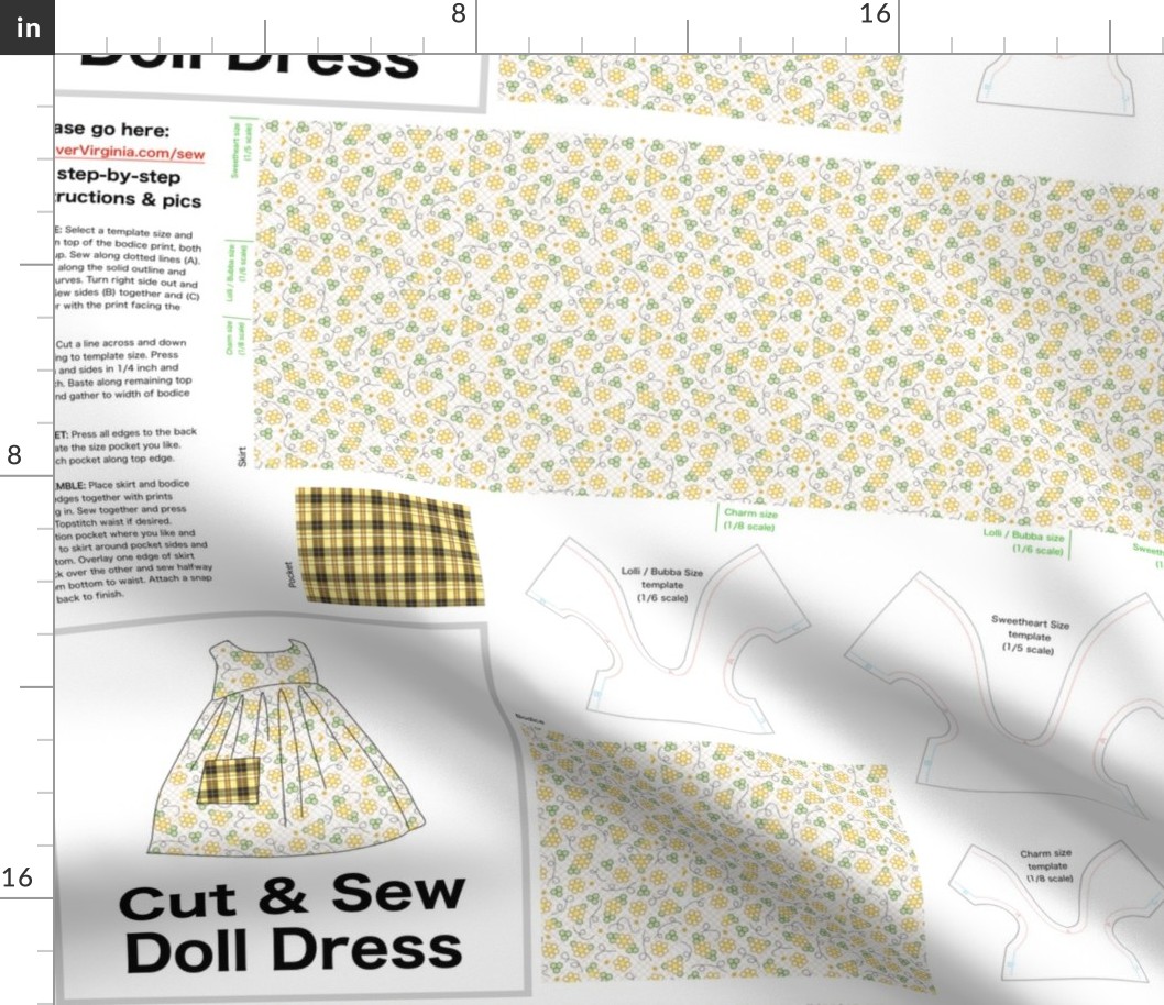 Honey Drop  Cut & Sew Doll Dress on FAT QUARTER for Forever Virginia Dolls and other 1/8, 1/6 and 1/5 scale child dolls  // little small scale tiny mini micro doll 