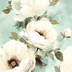 Modern White Large Floral - Aqua Pastel Teal Background XL decor cream white beige green