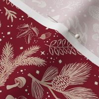 Festive tossed foliage with pinecones, holly, mistletoe and mushrooms - Natural Christmas - warm neutrals on cranberry red - medium