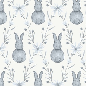 Large Whimsical Watercolor Woodland Rabbits in Monochrome Dulux Aerobus Grey with Vivid White Background