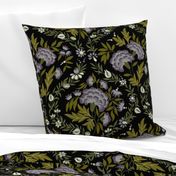 Georgian Floral - Black, Dusky Purple, Green, Large Scale