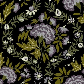 Georgian Floral - Black, Dusky Purple, Green, Large Scale