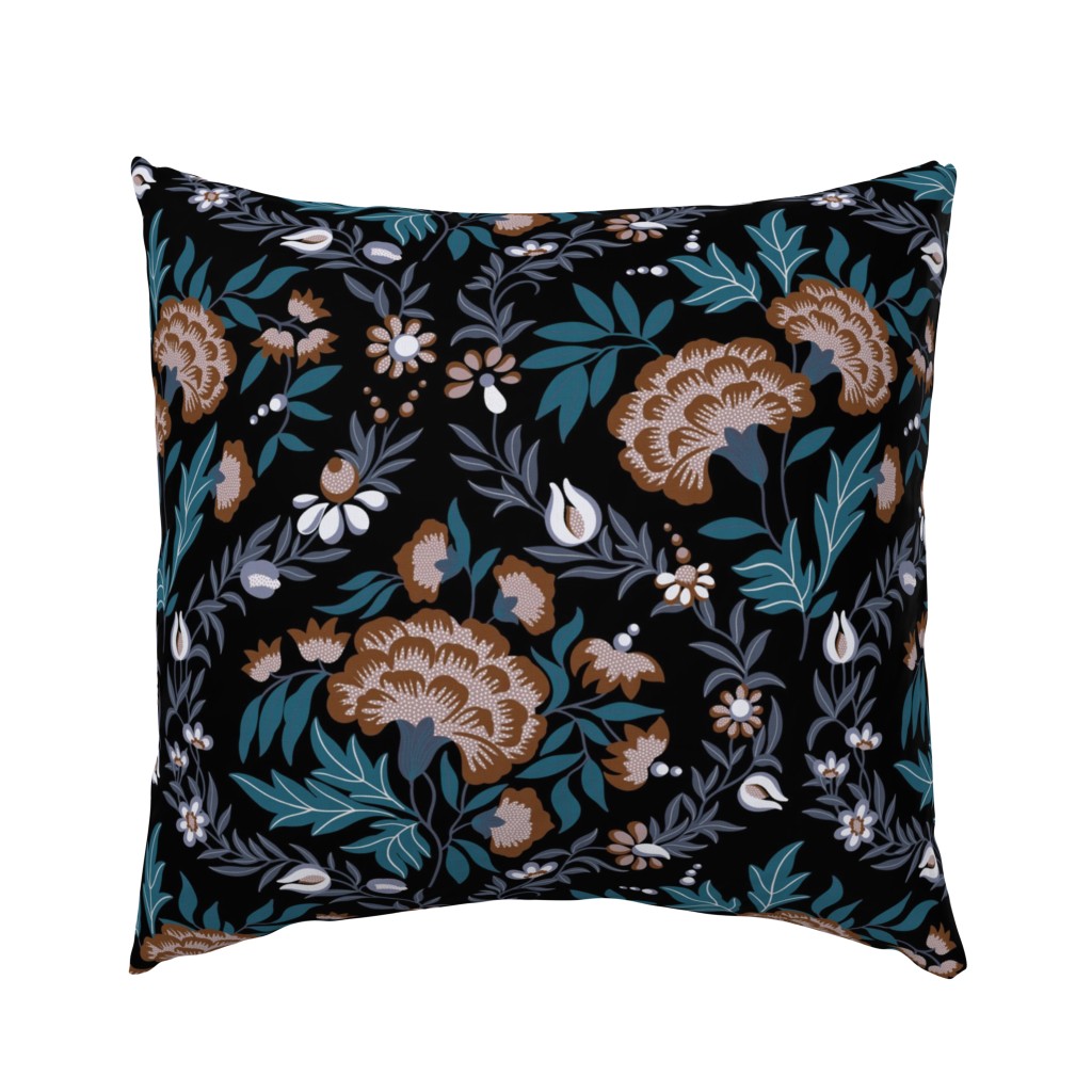 Georgian Floral - Black, Teal, Brown, Large Scale