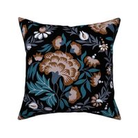 Georgian Floral - Black, Teal, Brown, Large Scale