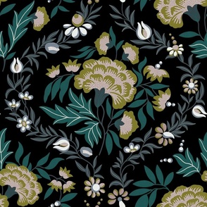 Georgian Floral - Black, Teal Green, Chartreuse, Large Scale