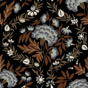 Georgian Floral - Black, Brown, Grey, Large Scale