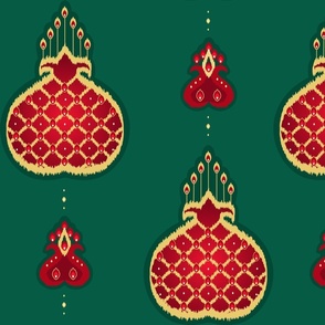 Ikat. Pomegranate on a green background. Pomegranate ikat collection.