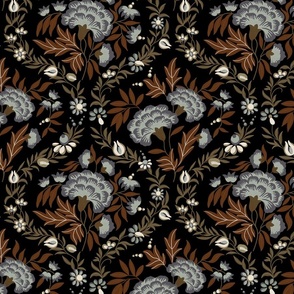 Georgian Floral - Black, Brown, Grey, Medium Scale