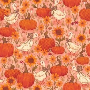 (Small) Geese in a Pumpkin Patch with Sunflowers | Dreamy Pink | Vintage Cottagecore Autumn
