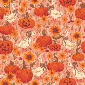 (Small) Geese in a Pumpkin Patch with Sunflowers | Dreamy Pink | Vintage Cottagecore Halloween