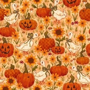 (Small) Geese in a Pumpkin Patch with Sunflowers | Vintage Cottagecore Halloween