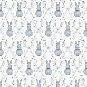 Medium Whimsical Watercolor Woodland Rabbits in Monochrome Dulux Aerobus Grey with Vivid White Background