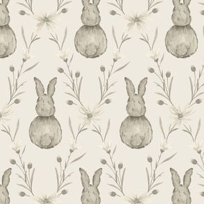 Large Whimsical Watercolor Woodland Rabbits in Monochrome Dulux Linseed Neutral with Antique White USA Background