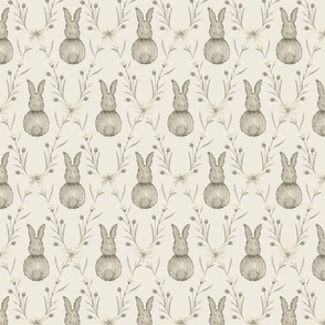 Medium Whimsical Watercolor Woodland Rabbits in Monochrome Dulux Linseed Neutral with Antique White USA Background