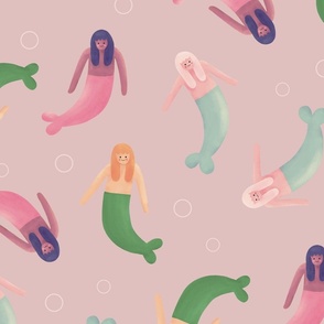 Large-scale  Playful Mermaids Tossed on Transcendent Pink 