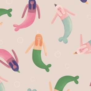 Playful Mermaids with Party Hats Tossed on Shell Color