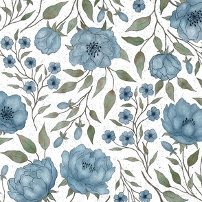 (L) Vintage floral - Blue  and green peony garden - textured white background L scale