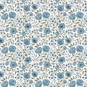  (S) Vintage floral - blue and green peony garden- textured white background S scale