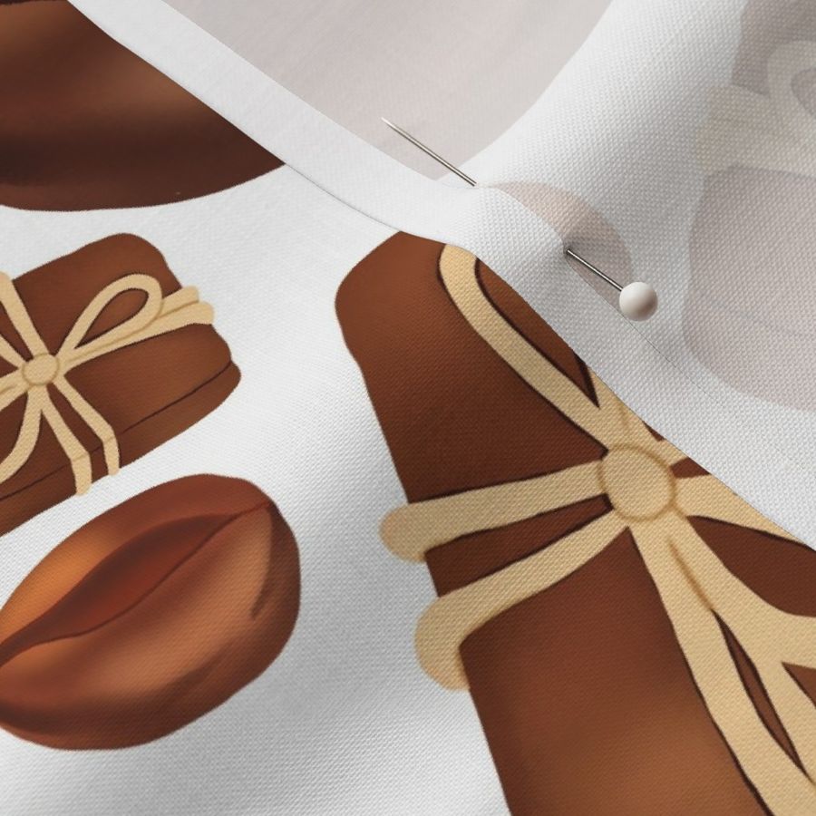 Cozy Gift Giving Delights: Repeating Coffee Bean & Rustic Package Pattern white background