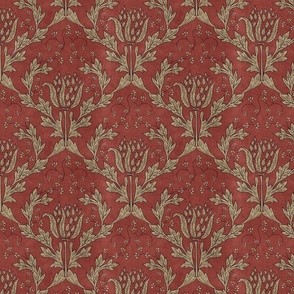 Dark red glam garden. Gold damask classic floral. Acanthus leaves. Vintage luxurious upholstery. 