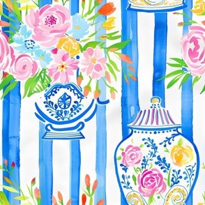 Grandmillennial style summer flowers in ginger jars on blue and white stripes