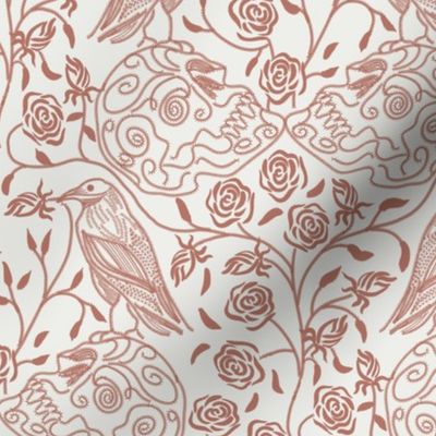 Girly Goth Embroidered Ravens & Skulls in Rose Garden in Terracotta White