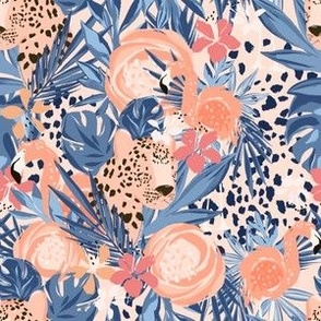 Small Tropical Cheetah And Flamingo Floral (Vibrant Pink And Blue)(6")
