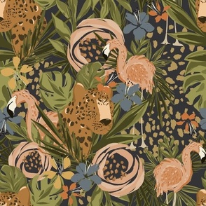 Large Tropical Cheetah And Flamingo Floral (Heritage Neutrals - Navy Blue)(12")