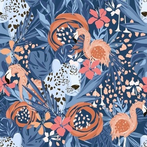 Large Tropical Cheetah And Flamingo Floral (Vibrant Blue And Pink)(12")